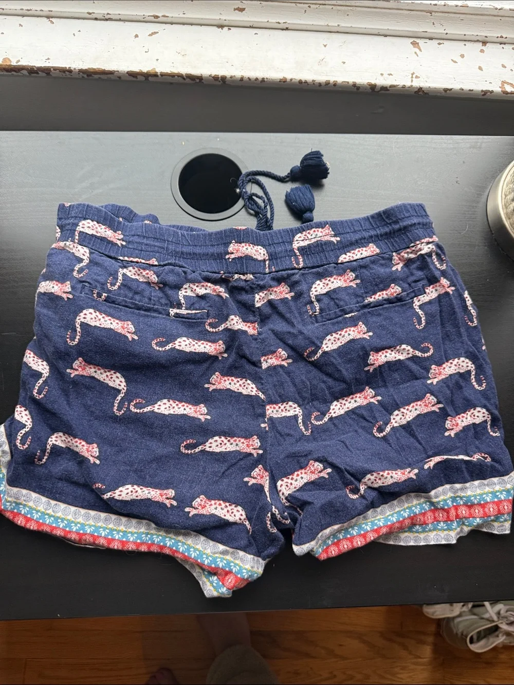 LOFT Navy Pull-On Shorts with Pink Leopard Print and Tassel Drawstring